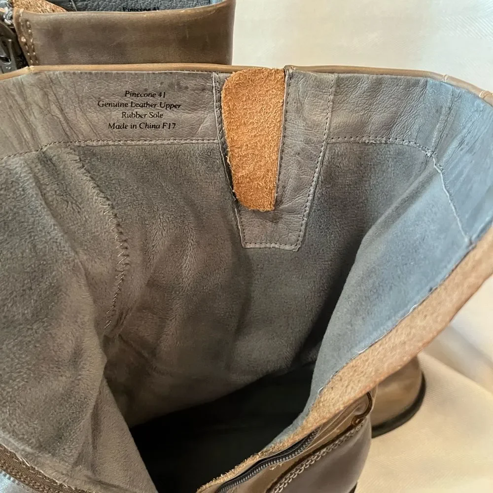Leather Slouch Ankle Boots Gray Brown Moto Buckle Lug Block‎ Heel SZ 10.5